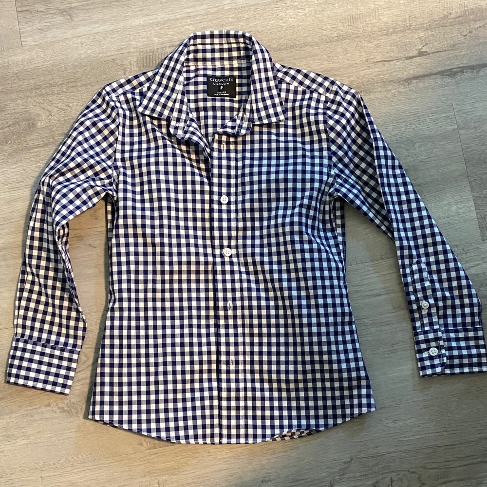 NWOT Crewcuts Navy & White gingham long sleeve bottoned shirt size 4-5